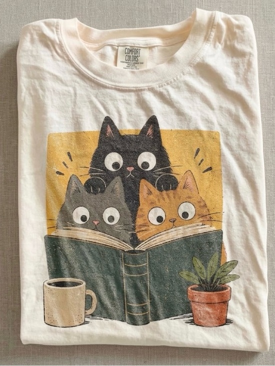 Comfort Colors Tops - Comfort Colors Retro Curious Reading Cats  Graphic Tee Book Lover Cat Shirt